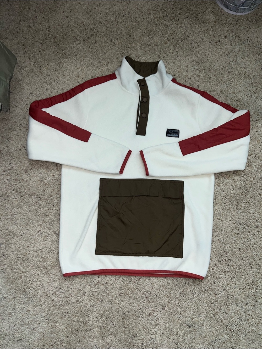 Men's White Fleece Pullover Hoodie with Olive Pocket and Red Accents